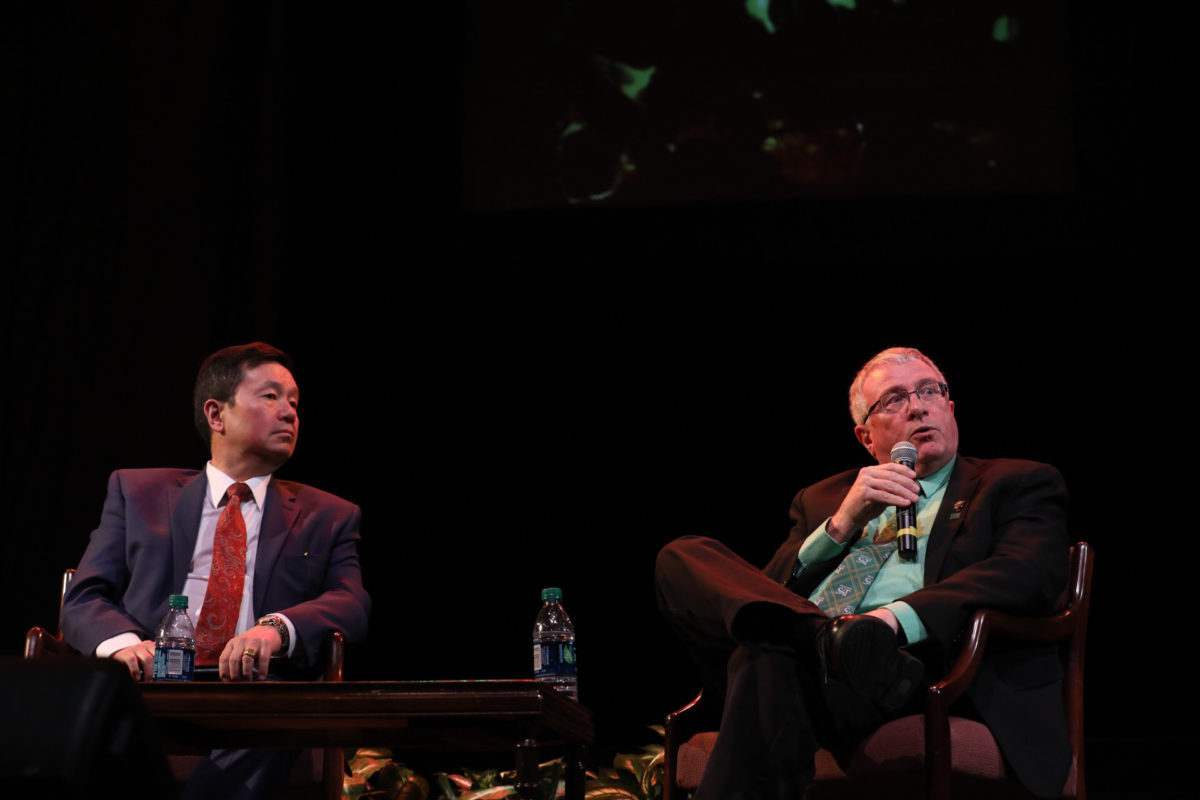 University of Missouri System President Mun Choi and Interim Chancellor Christopher Maples answer audience questions during a fireside chat April 18 at Leach Theatre.
