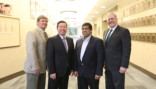 Dr. Sajal Das receives the President’s Award for Sustained Career Excellence on April 11 at Missouri S&T. From left, Dr. Mark McIntosh, vice president for research and economic development at the UM System; Dr. Mun Choi, president of the UM System; Dr. Sajal Das, professor of computer science; and Dr. Richard Wlezien, vice provost and dean of S&T’s College of Engineering and Computing.