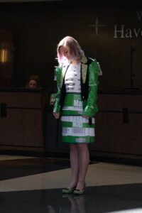 Student modeling fashion design made from recyclables.