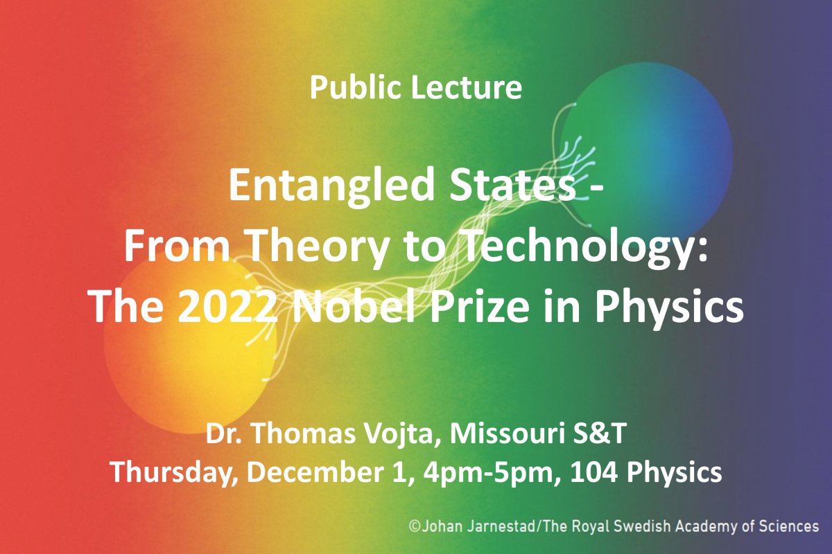 Graphic with words "Public Lecture" "Entangled States-From Theory to Technology: The 2022 Nobel Prize in Physics"