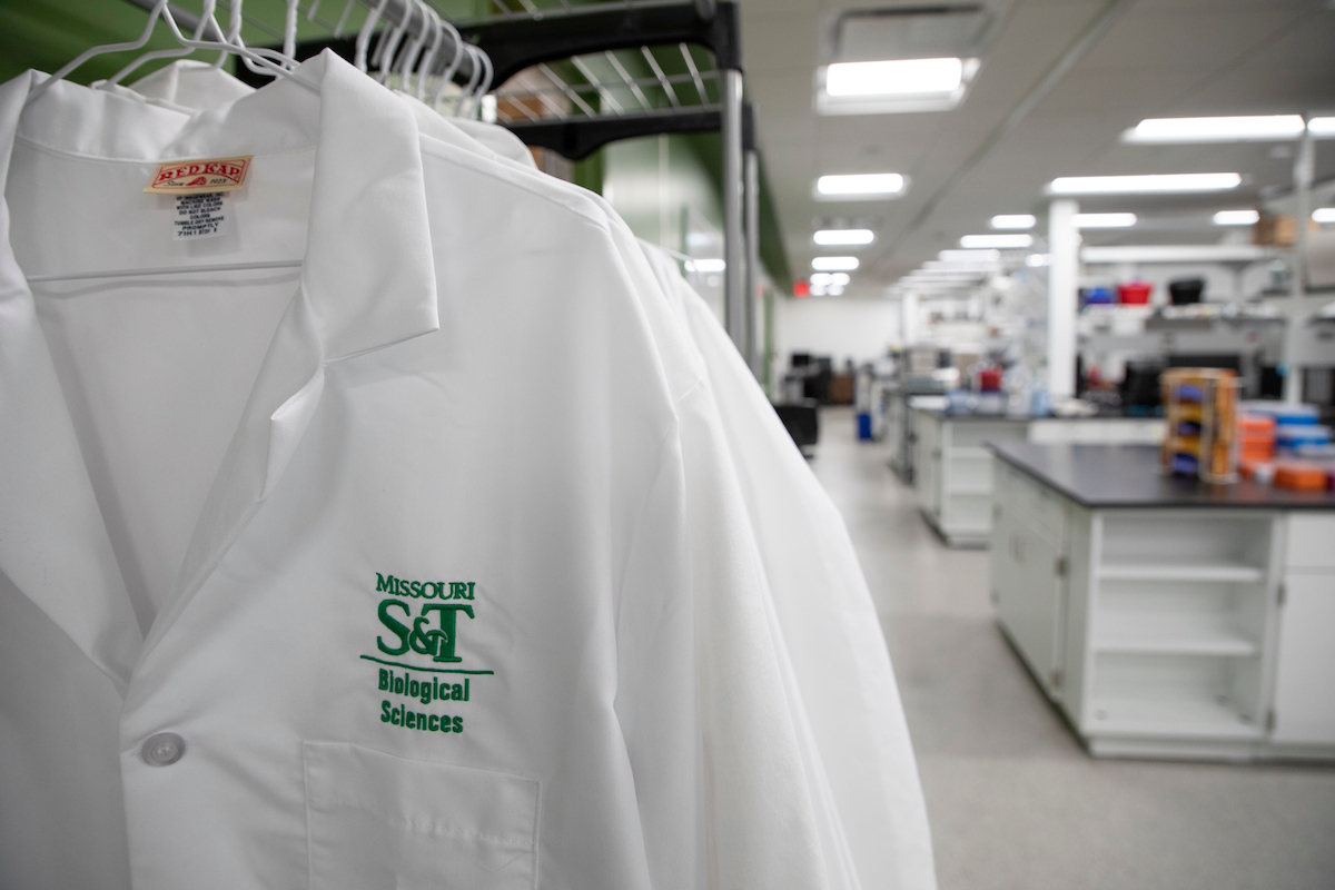 Lab coat with Missouri S&T Biological Sciences.