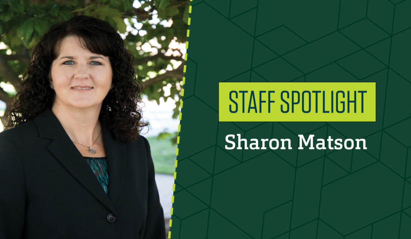 Info graphic - photo of woman with words "Staff Spotlight" "Sharon Matson