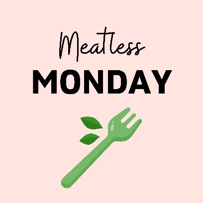 An infographic with the words "Meatless Monday" with a green fork and leaves.