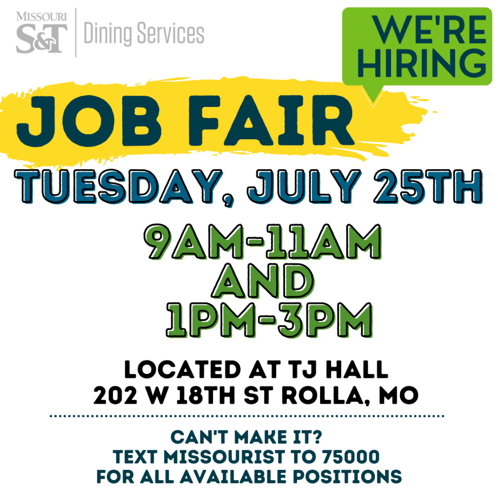 Missouri S&T eConnection Dining Services Job Fair July 25th