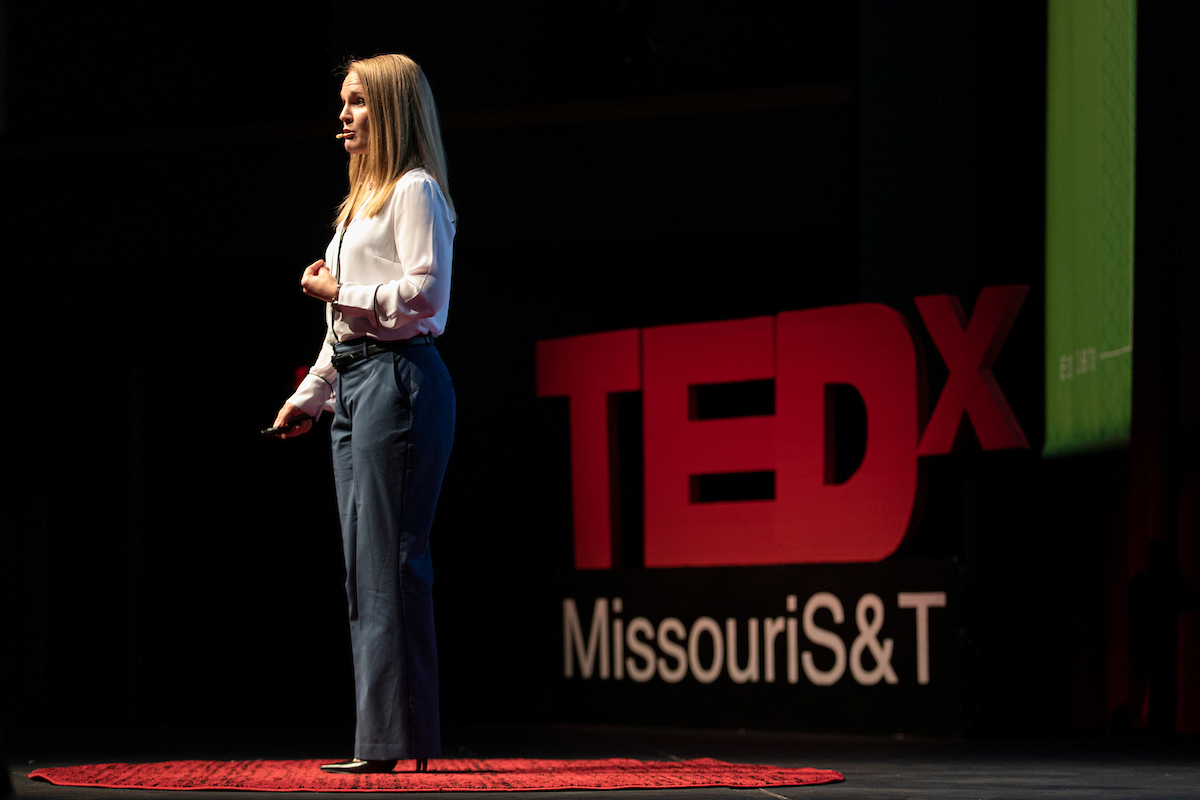 Dr. Rachel Kohman, director of Kummer Student Programs, talks about adaptive leadership at the 2022 TEDxMissouri S&T event. Photo by Kassandra Hayes/Missouri S&T.