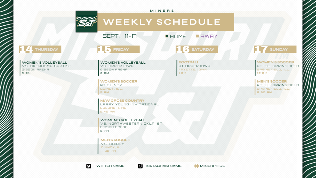 Miners Weekly Schedule, graphic photo with text, dated Sept. 11-17. Photo Credit: Missouri S&T.