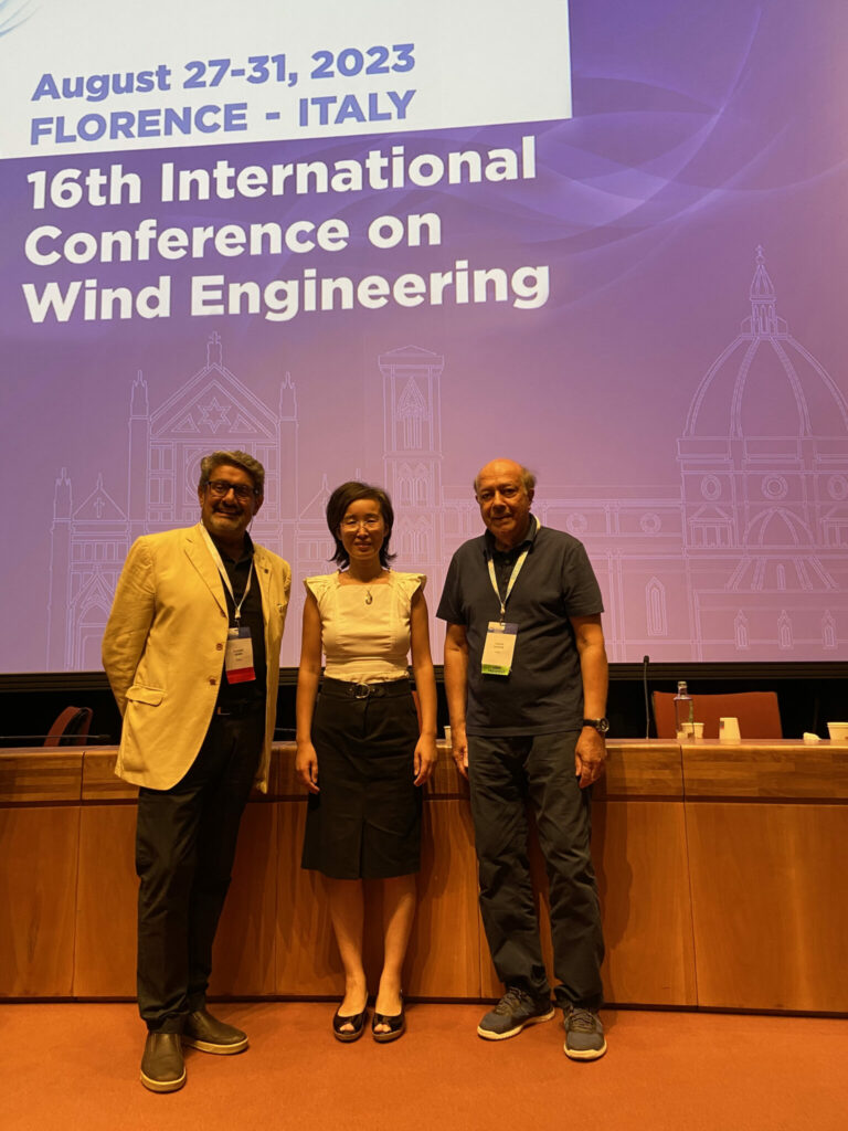 Dr. Grace Yan with Dr. Claudia Borri and Dr. Ahsan Kareem, the current and past presidents of the International Association of Wind Engineering.  