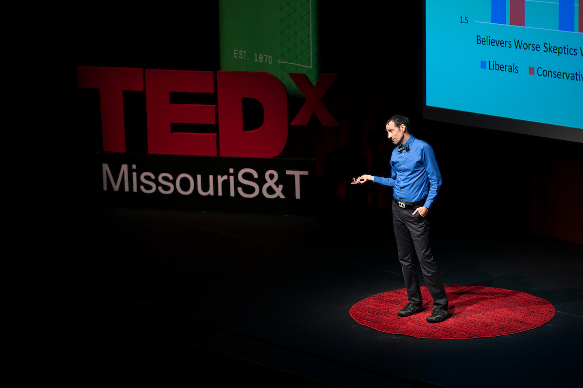 Dr. Devin Burns at TEDxMissouri S&T in 2022.