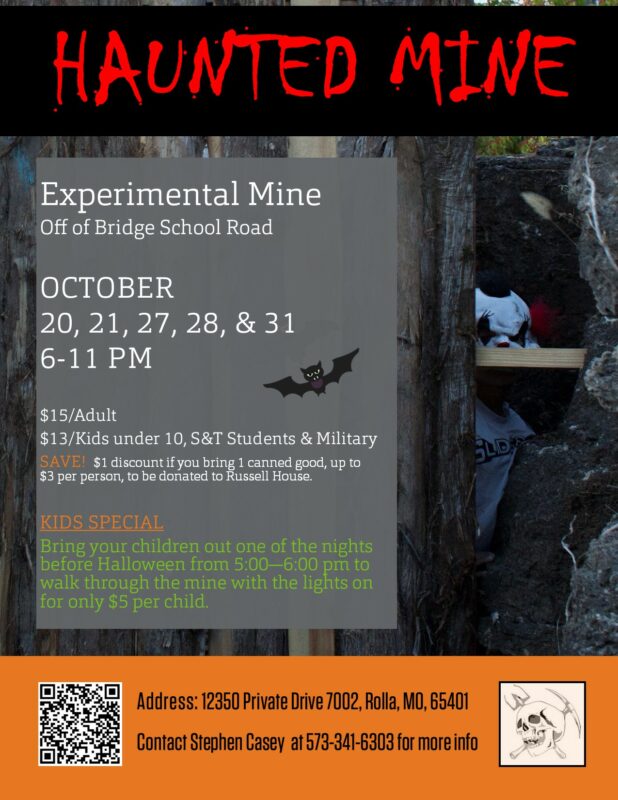 Haunted Mine flyer, by the S&T Mining Department. Graphic with text. Photo Credit: Missouri S&T.