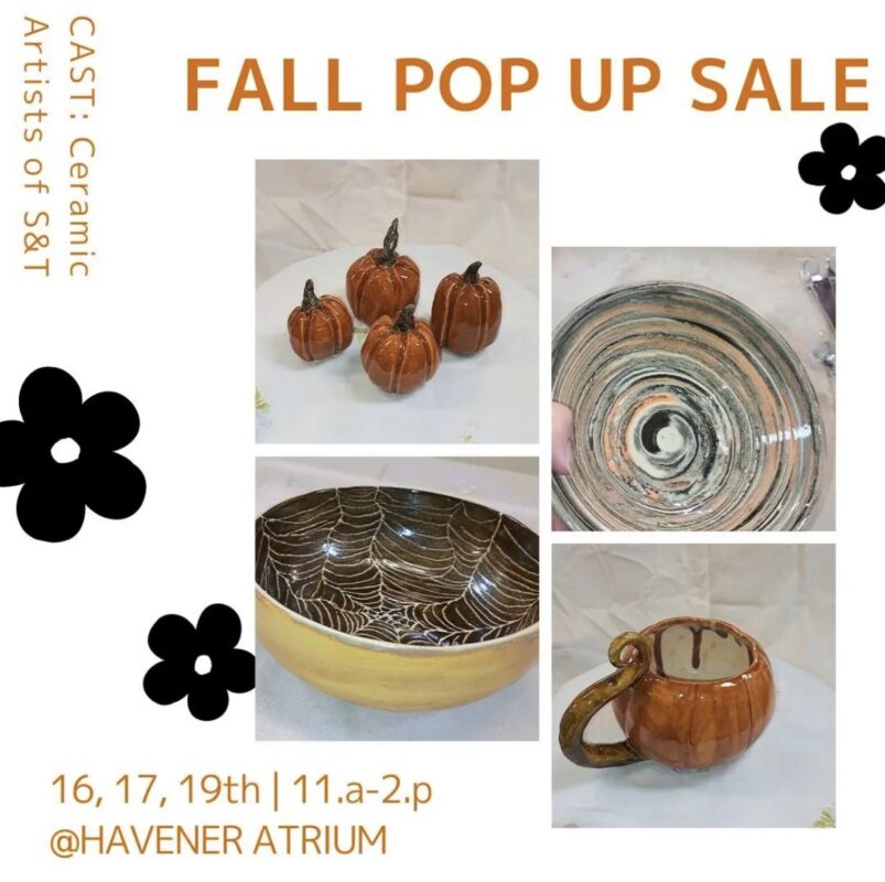Ceramic Artists of S&T, pop up sale flyer, graphic with text. Photo Credit: Liza Schell.