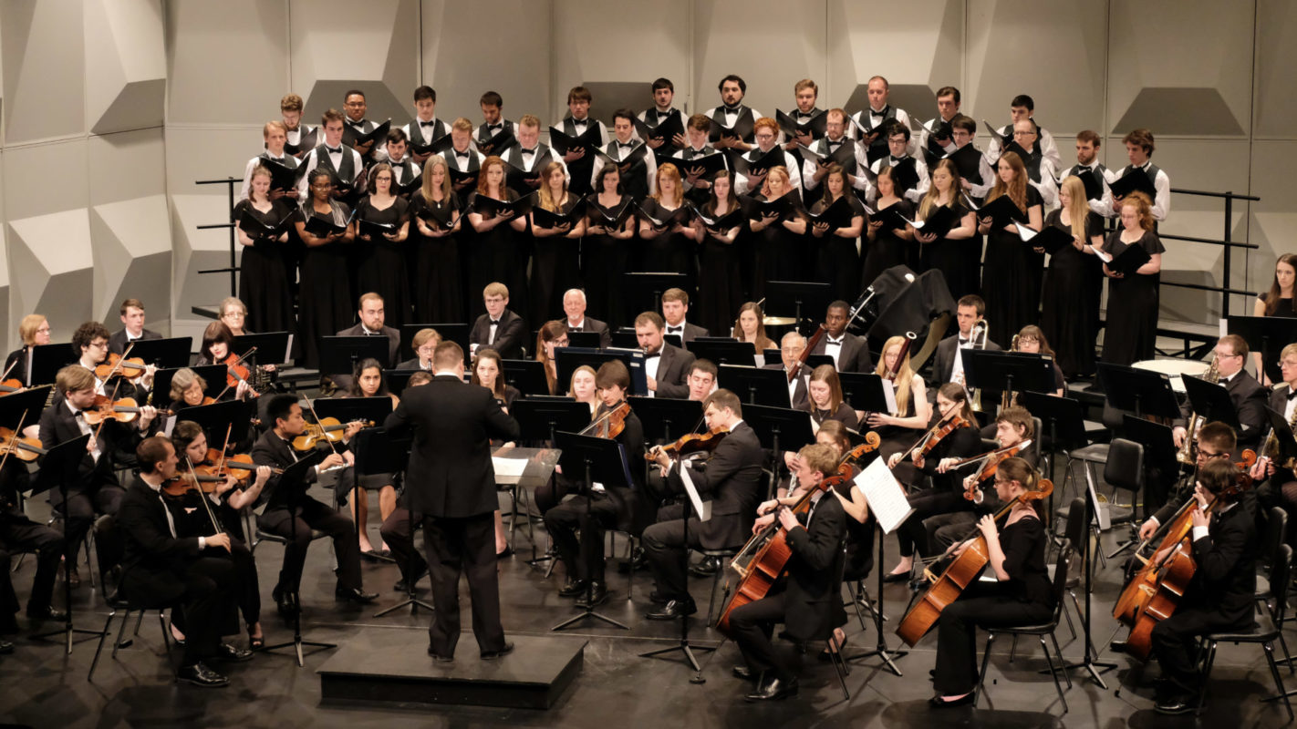The S&T Symphony Orchestra and Choir perform under the direction of Dr. Kyle Wernke at Leach Theatre on Friday, April 27, 2018. Photo Credit: John Francis.