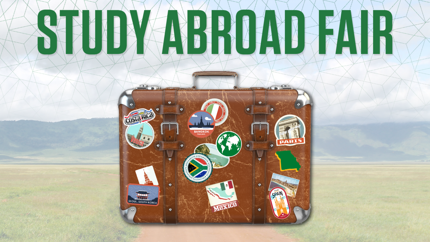 A vintage suitcase with travel stickers from various countries sits on a grassy plain under a sky. Bold green text above reads "Study Abroad Fair."