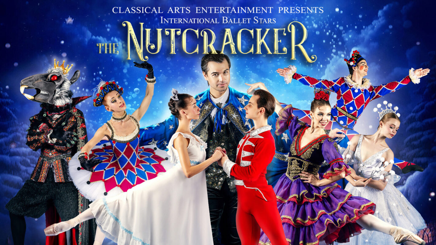 A festive ballet scene features dancers in colorful costumes, including a white tutu and regal attire, set against a starry night sky with "The Nutcracker" text.