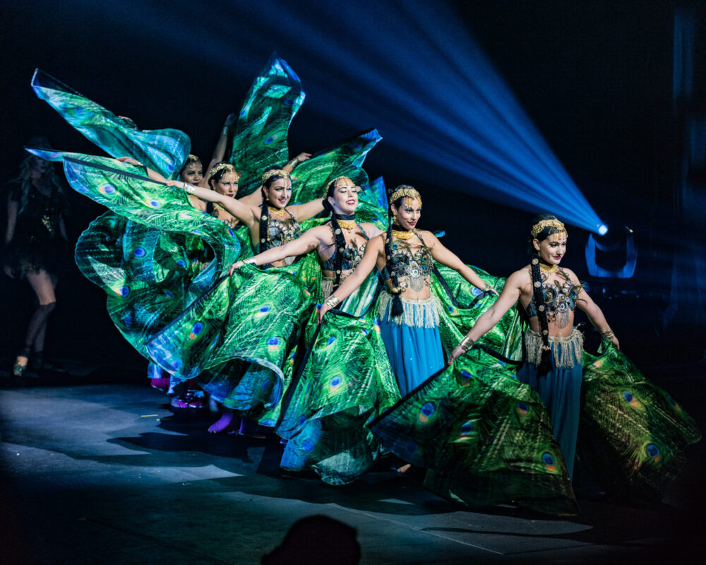 Stage performance featuring dancers wearing vibrant peacock-inspired costumes with feather patterns. Blue spotlights create an elegant, dynamic atmosphere.