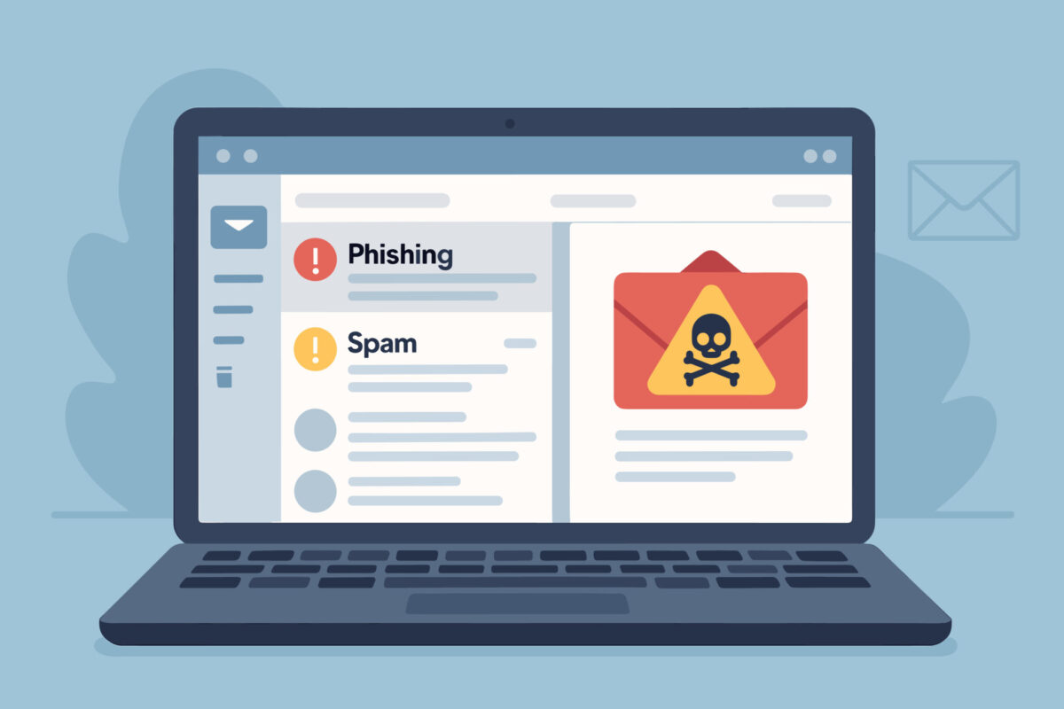A graphic of a laptop computer with email open alerting of phishing and spam.
