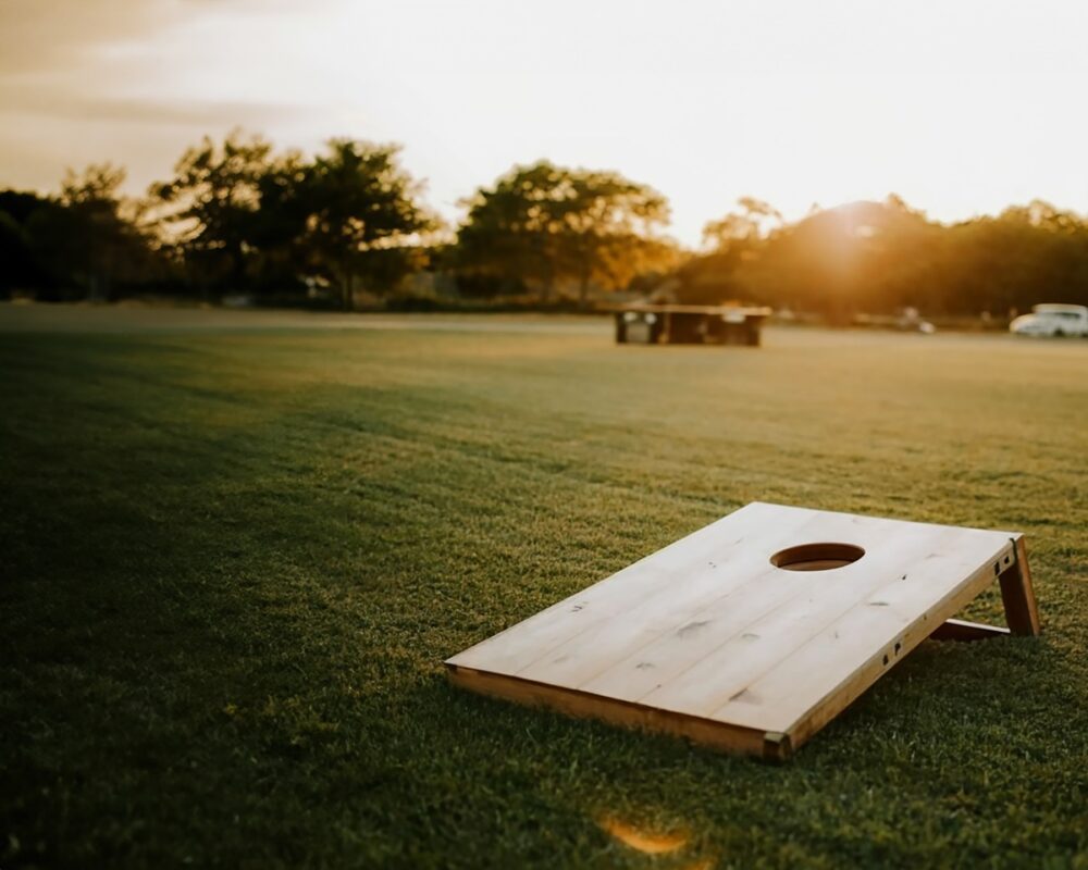 A cornhole board sits in the middle of the grass at sunset.