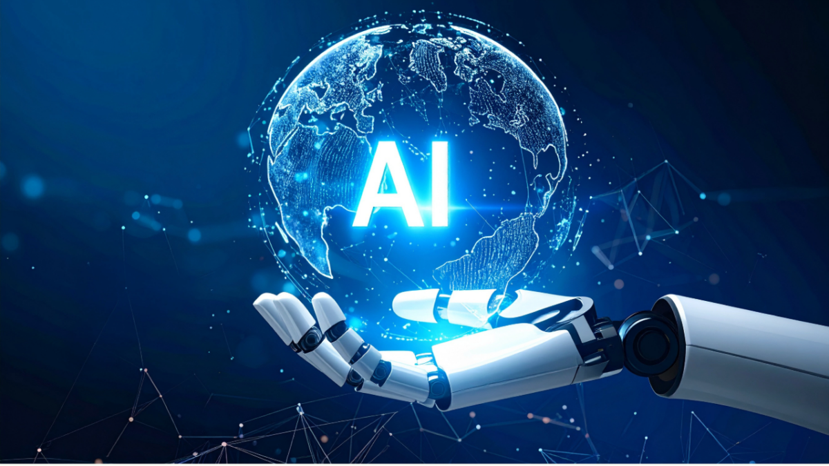 A robot hand holds a globe with the letters "AI" in the center.