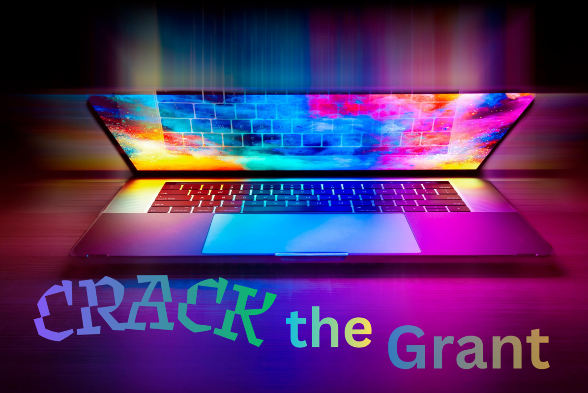 A laptop with bright colors and the words "Crack the Grant" under it.