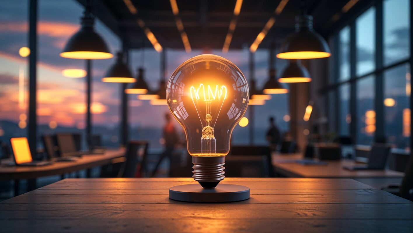 A light bulb sits on a table representing a bright idea.