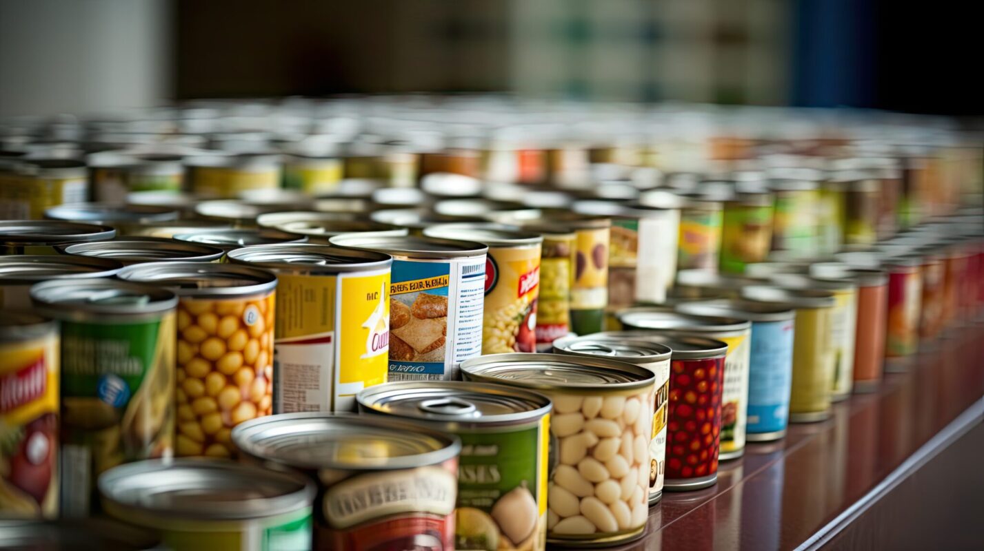 A photo of canned foods on a table.