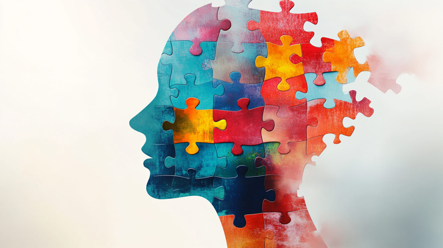 An image of a head in colorful puzzle pieces.