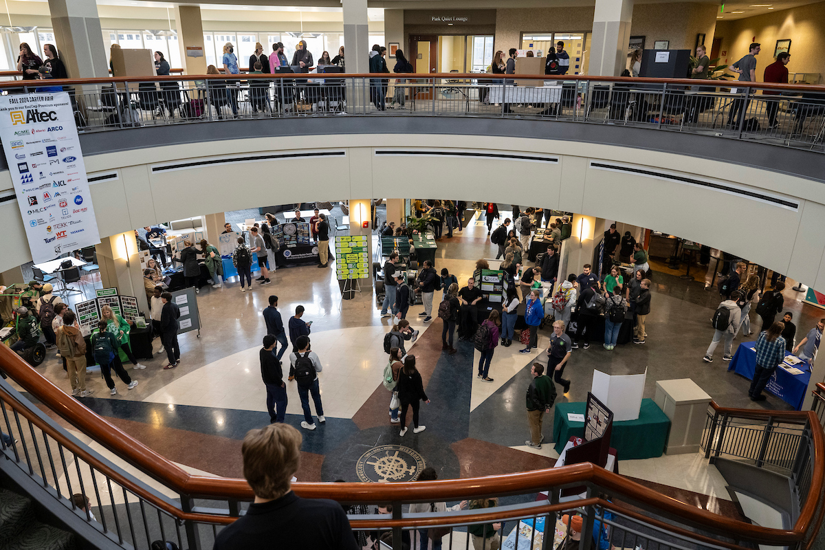 The atrium of Havener Center from the second floor showing many students at the 2025 Spring O'Rama.