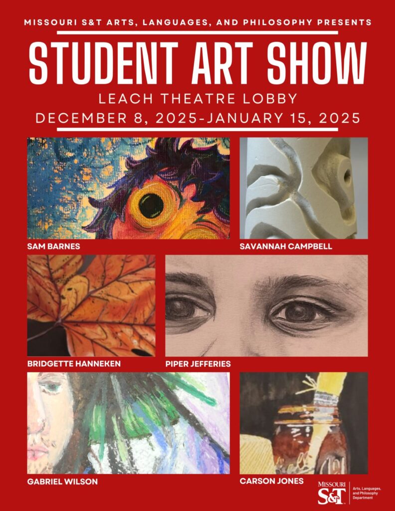 The art show poster with six pieces of art highlighted. The poster states the dates of the show Dec. 8-Jan. 15 in the Leach Theatre Lobby.