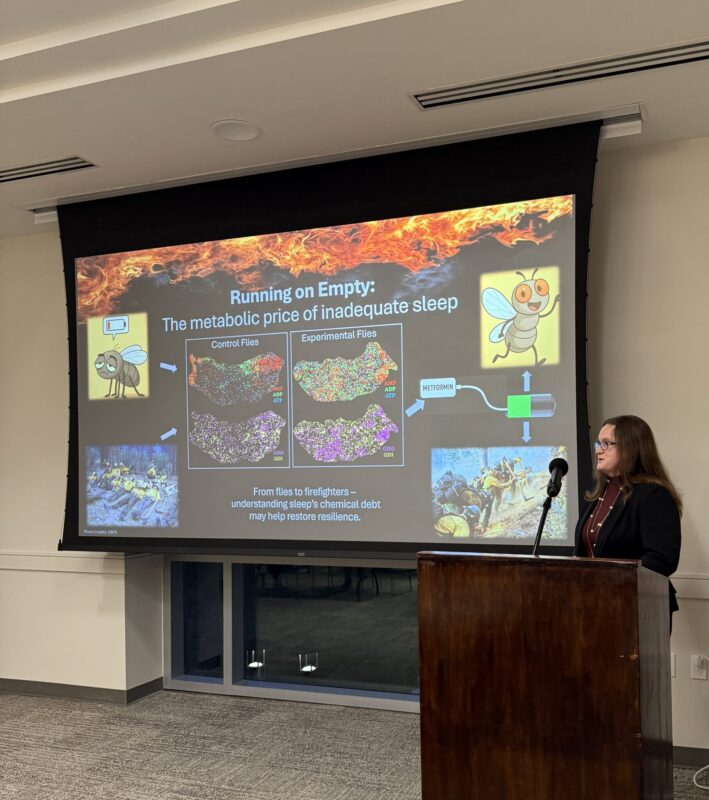 A woman stands at a podium presenting a slide show.