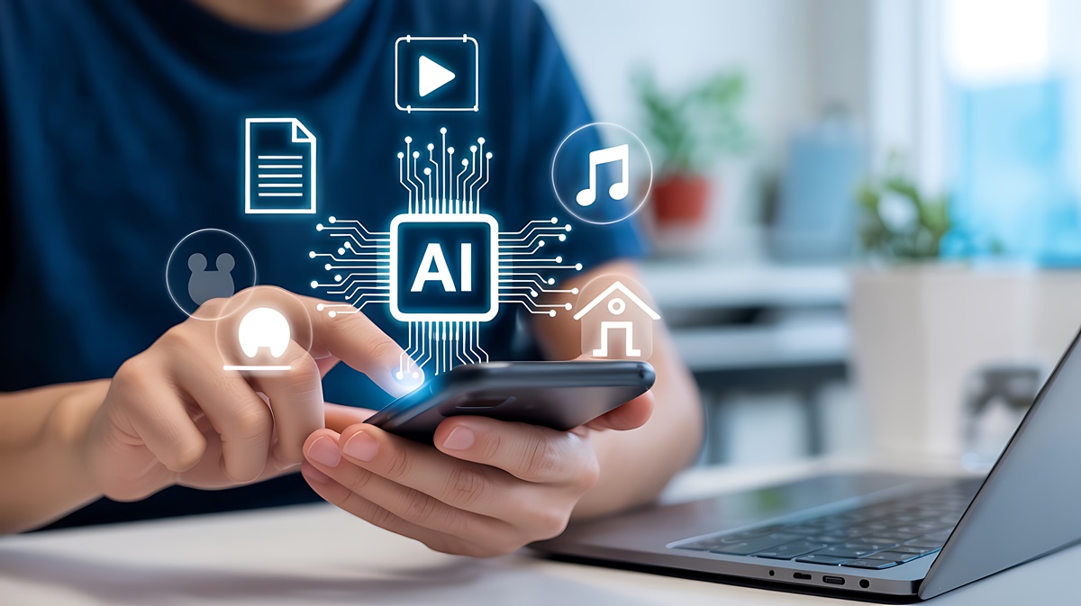A person uses a smartphone at a desk with a laptop. Digital icons, including AI, music, and documents, float above, symbolizing technology integration and connectivity.
