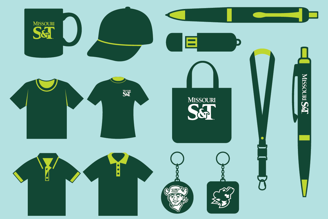 Various Missouri S&T branded items, including shirts, a hat, mug, tote bag, pens, USB drive, lanyard, and keychains on a light blue background.