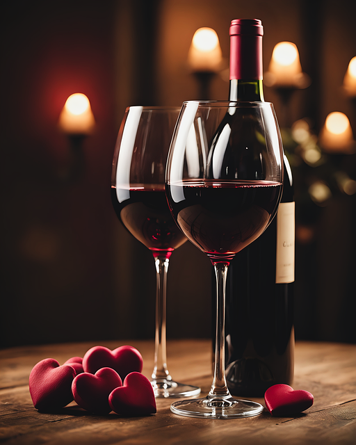 Two wine glasses filled with red wine sit beside a bottle on a wooden table, surrounded by small red heart-shaped decorations. Warm candlelight creates a romantic ambiance.