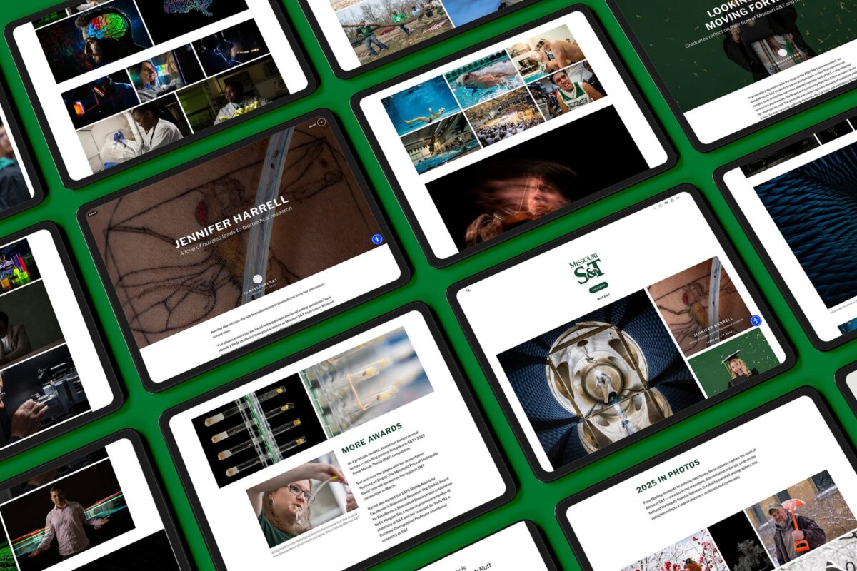 Multiple tablet screens display a variety of vibrant images and articles on a green background. Themes include research, science, and athletics.