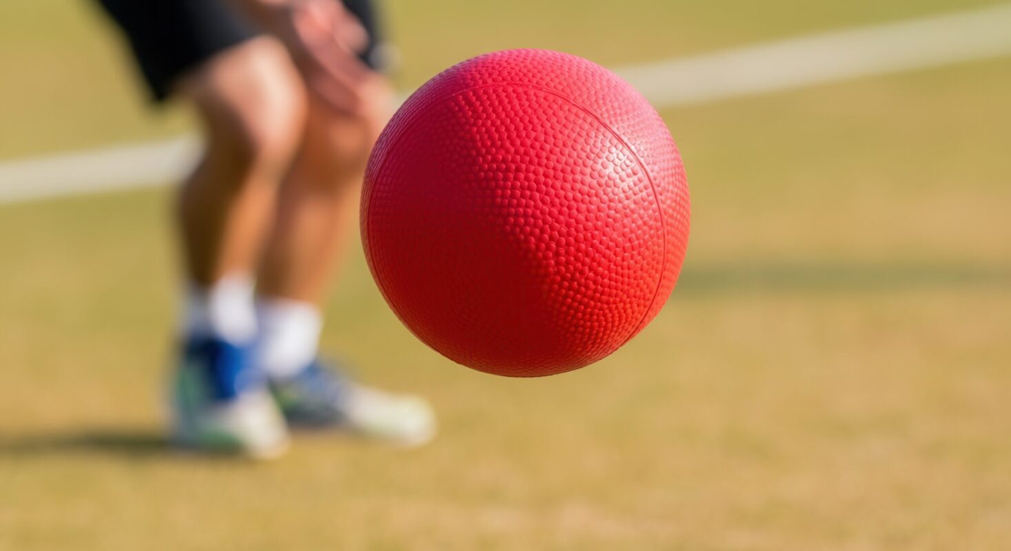 Red rubber dodgeball in mid-air on green grass field with person in motion.