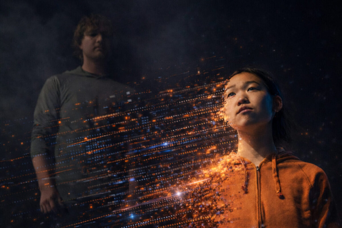 Two people stand in a dark, digital-themed setting. A young woman in an orange hoodie looks upwards with determination, surrounded by glowing digital particles.