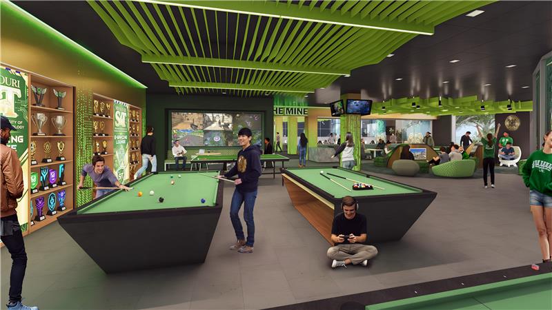 Rendering of recreational space with pool tables.