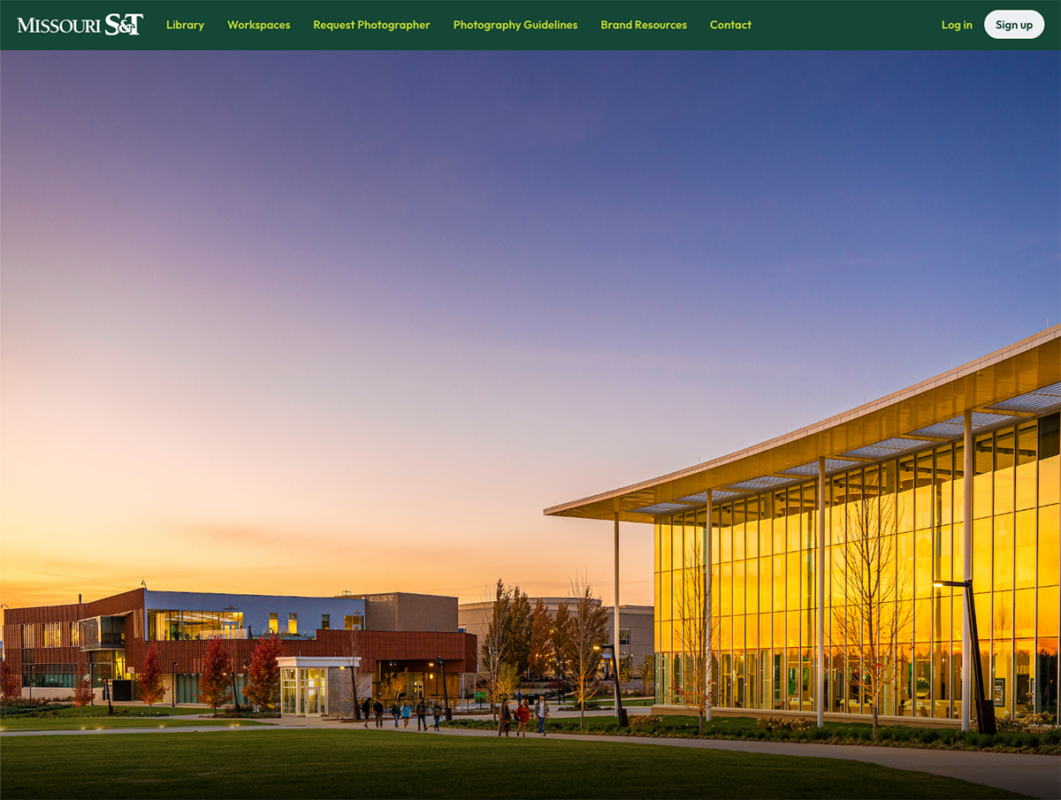 Screenshot of the new PhotoShelter portal with a photo of the Welcome Center and menu lines the top of the page.