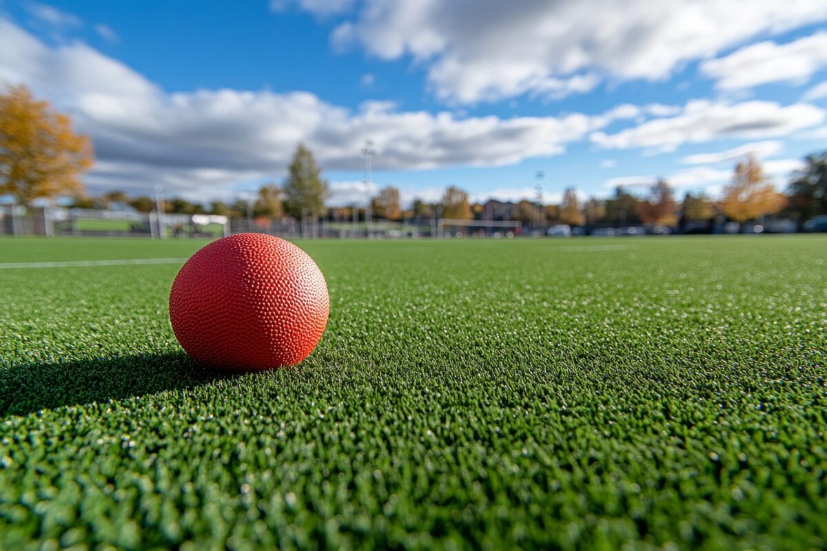 A red ball sitting in the middle of a field on a day with party cloudy skies.