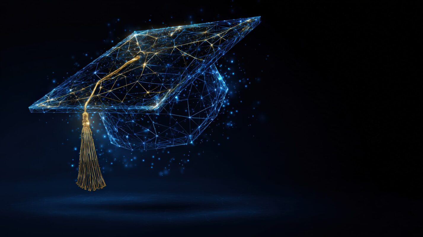 A glowing, digital-style graduation cap formed from blue network lines and points, with a golden tassel hanging from the side, floating against a dark background to symbolize technology, education, and academic achievement.