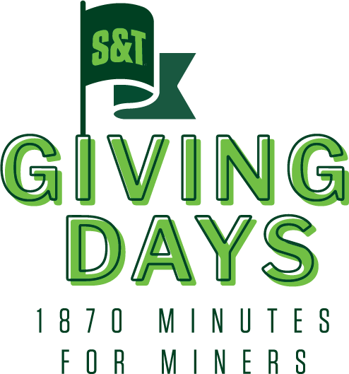 Green and white Missouri S&T Giving Days logo featuring an S&T flag above bold text reading “Giving Days” and the tagline “1870 minutes for Miners,” symbolizing a university-wide fundraising event.