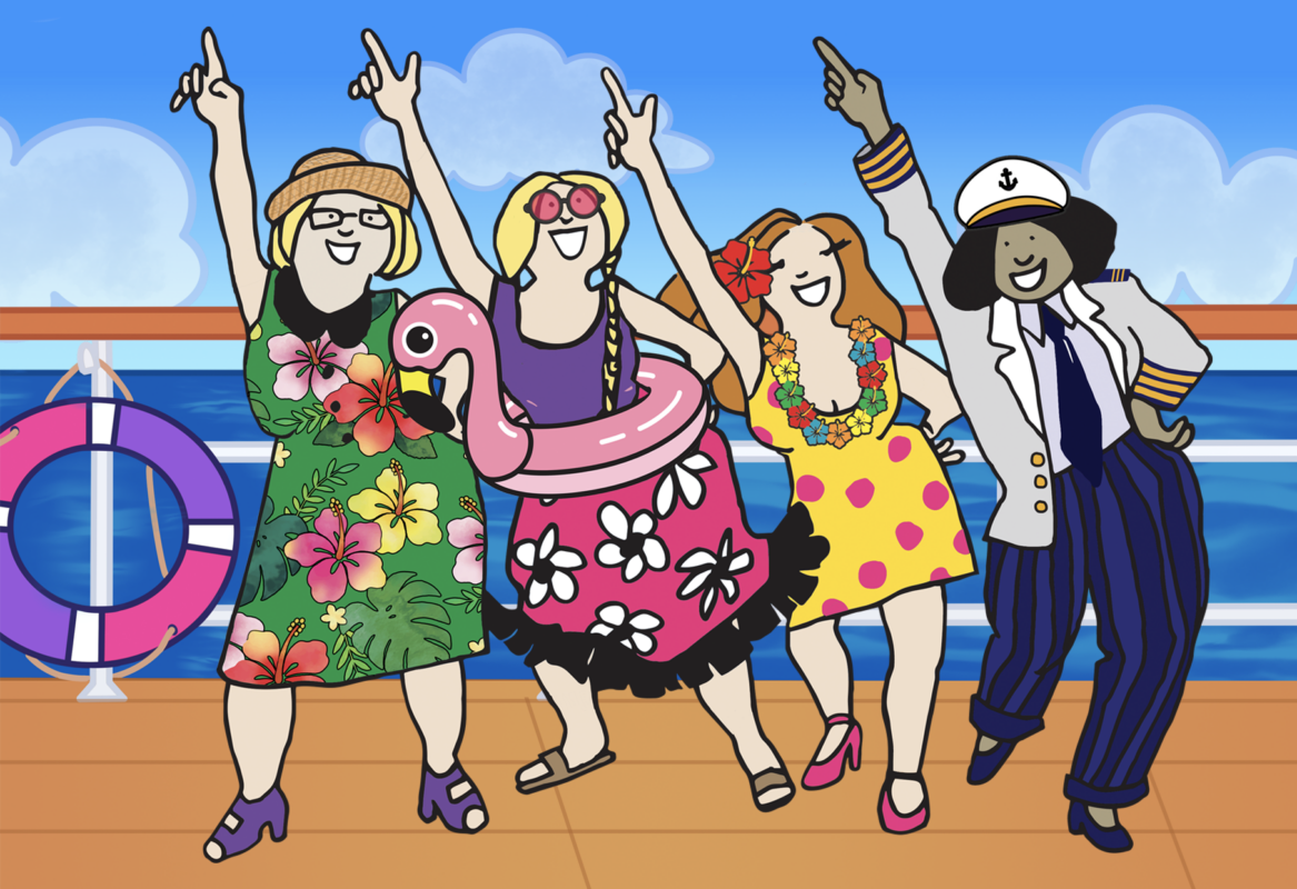 An illustration of five people dancing and pointing upward on a cruise ship deck, wearing colorful summer outfits and leis. One person wears a captain’s hat, and another has a pink flamingo pool float around their waist. The ocean and blue sky are visible behind them.