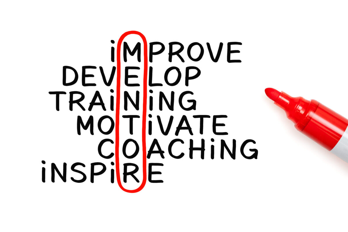 Words improve, develop, training, motivate, coaching, and inspire arranged around the highlighted word mentor.