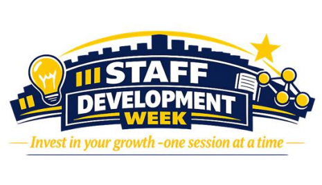 Logo-style graphic reading “Staff Development Week” with icons of a lightbulb, book, and connected nodes, and tagline “Invest in your growth—one session at a time.”