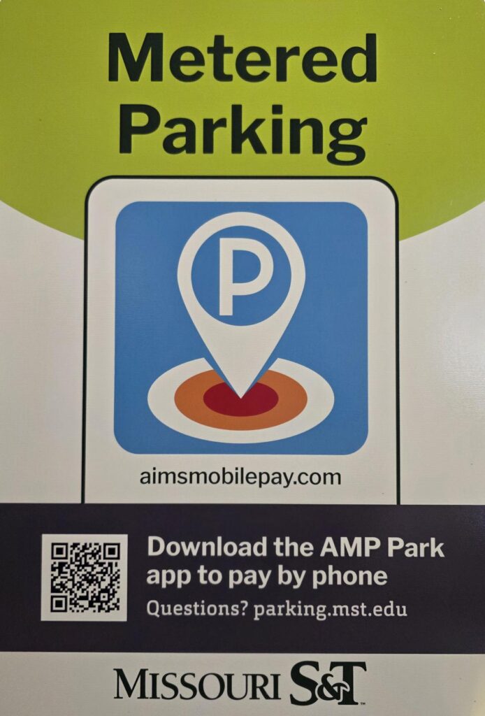 Missouri S&T metered parking sign with QR code and AMP Park mobile payment instructions.