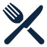 Dark blue icon depicting a fork and knife crossed in an X shape on a transparent background, commonly used to represent dining, food services or a restaurant.