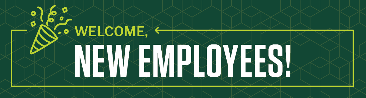 "Welcome, New Employees!" banner with a green geometric design and celebratory party popper graphic.
