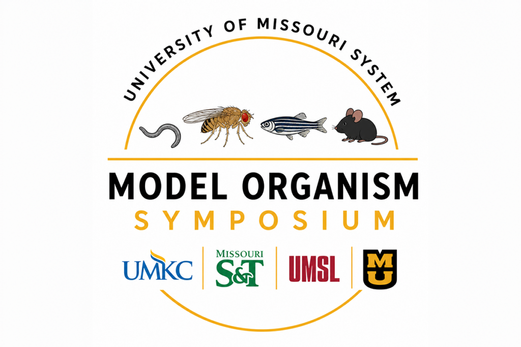 University of Missouri System Model Organism Symposium logo featuring illustrations of a worm, fruit fly, fish and mouse, with logos for UMKC, Missouri S&T, UMSL and the University of Missouri.