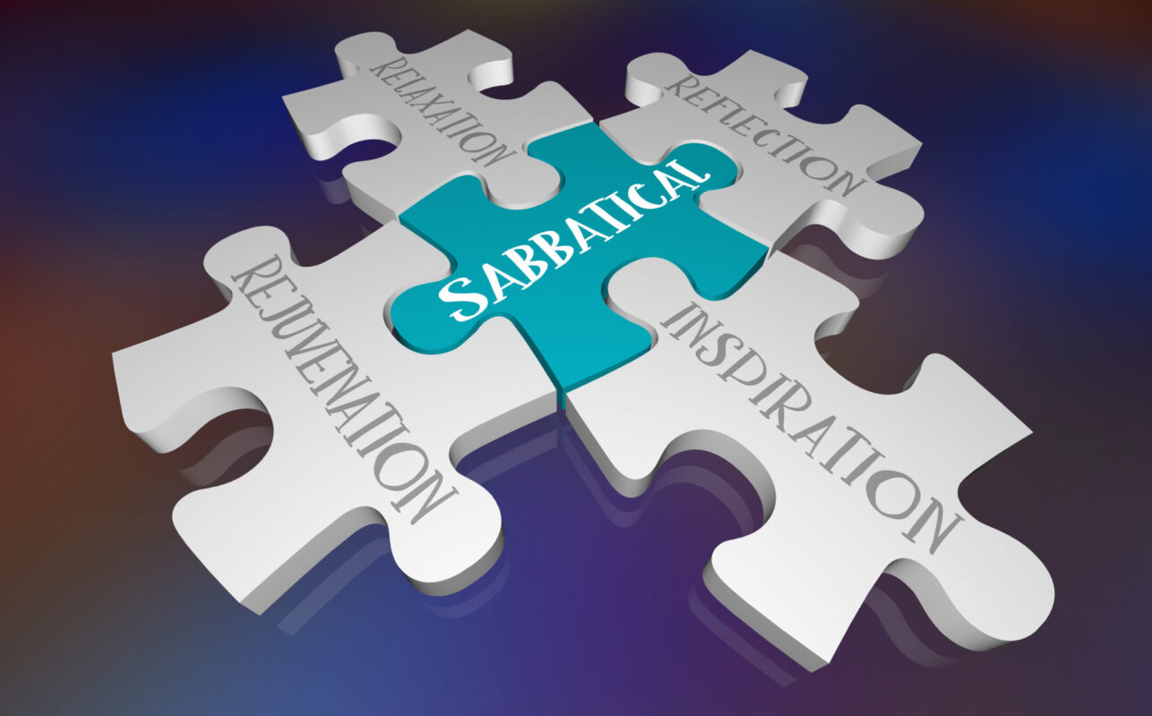 Graphic of interlocking puzzle pieces labeled “Reflection,” “Relaxation,” "Rejuvenation," and “Inspiration” connected to a central teal piece labeled “Sabbatical,” symbolizing related concepts working together.