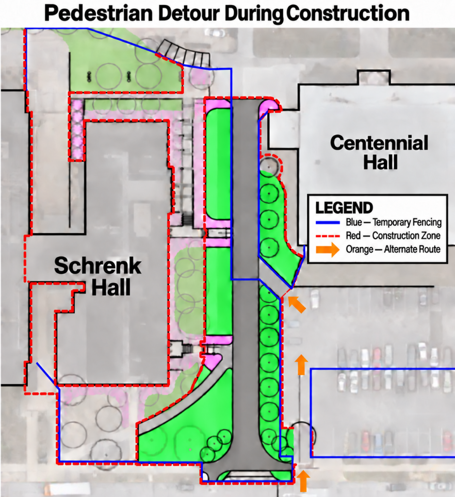 Map showing the pedestrian detour during construction between Schrenk Hall and Centennial Hall. Construction zones are outlined in red, temporary fencing is marked in blue, and orange arrows indicate an alternate walking route around the fenced construction area. A legend explains the route and construction markings.