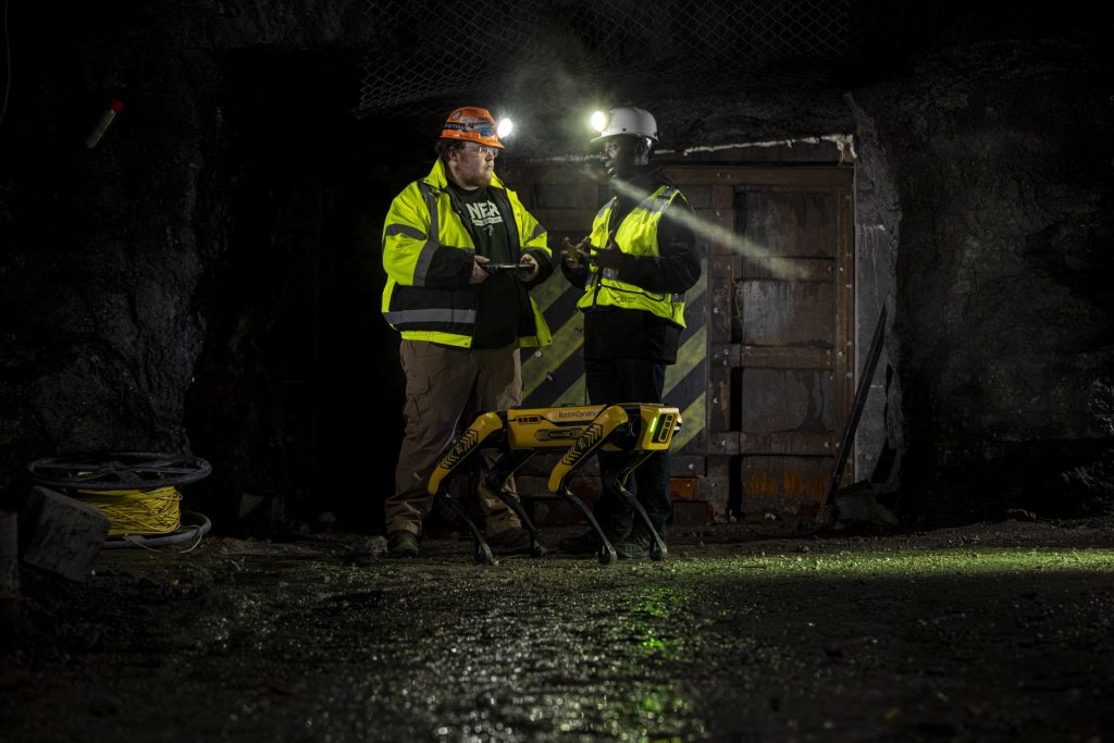 Dustin Peterson, a 2023 mining engineering graduate, discusses his mine rescue research with Dr. Kwame Awuah-Offei, S&T’s Union Pacific/Rocky Mountain Energy Professor of Mining Engineering, inside the Missouri S&T Experimental Mine. Photo by Michael Pierce/Missouri S&T