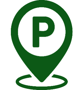 Green location pin icon containing a capital letter “P” in the center, with a circular shadow or base beneath the marker. The symbol represents parking or a parking location.